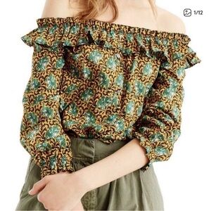 J.Crew Ratti Elephant Print Ruffle Off-the-Shoulder Blouse